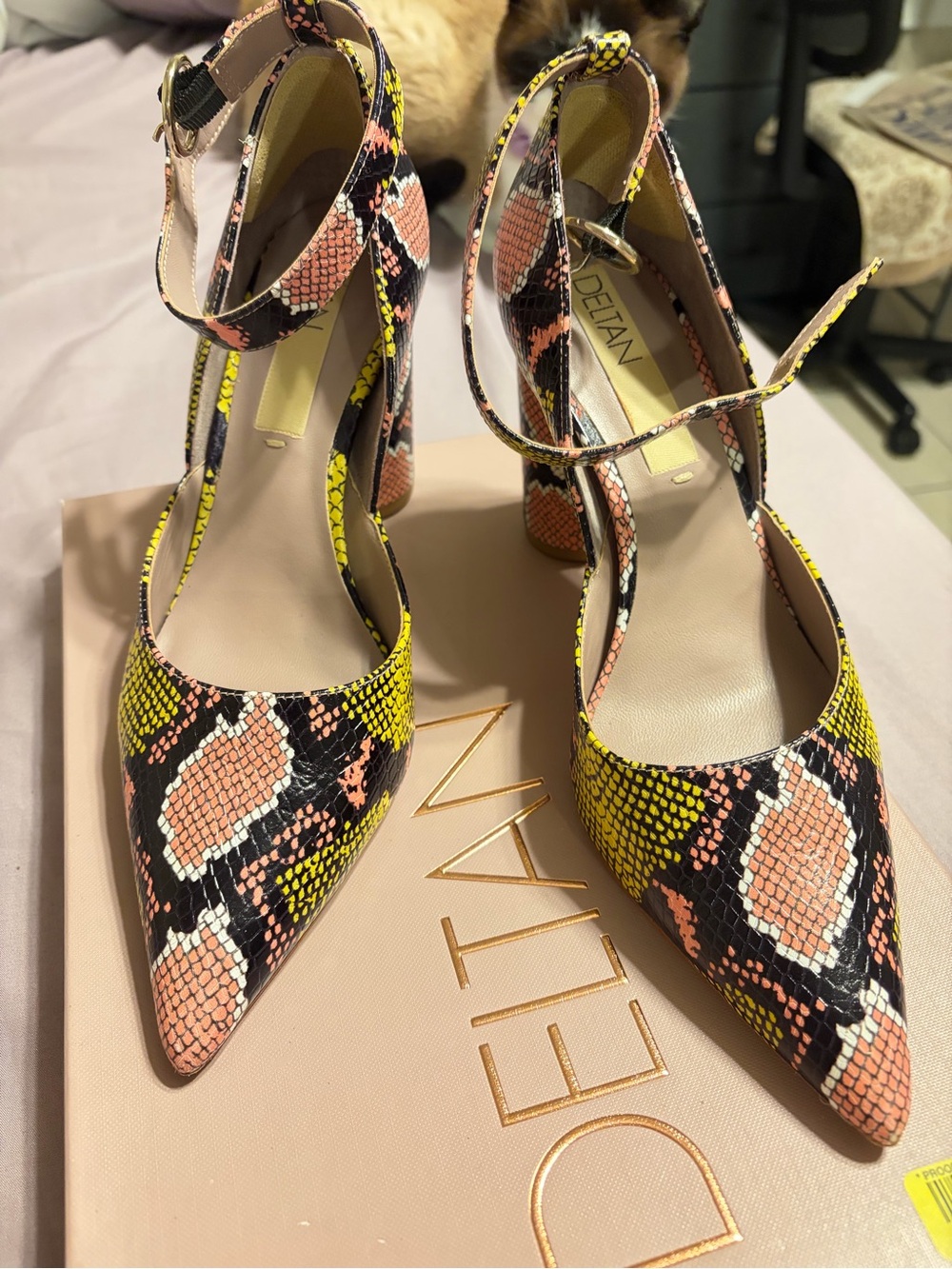Delta Women's Pointed Snake-Print Ankle Strap Pumps in Yellow and Pink